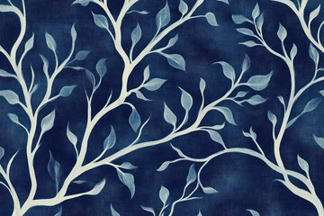 pale branches and leaves silhouettes on a textured deep navy blue background conveying calm elegant botanical pattern