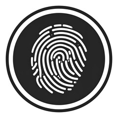 A stylized fingerprint rendered in white, centered in a black circle with a white outline, simple and graphic
