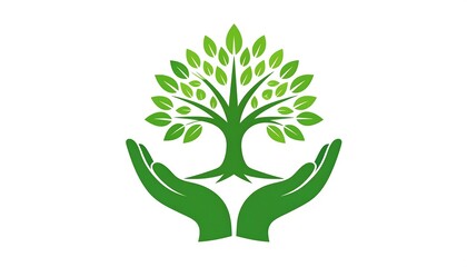 A stylized green tree with lush foliage being cradled by two open green hands on a bright white background