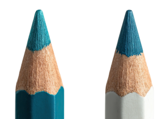 Two teal pencils, sharpened tips, close-up shot