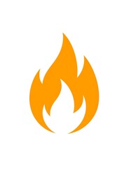 A stylized orange flame rising upward against a plain white background, with a minimalist design
