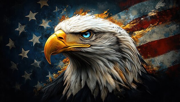 Majestic bald eagle head with intense blue eye and golden beak in front of a distressed american flag with fiery grunge textures conveying pride and fierce determination