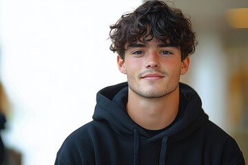 young man with curly dark hair wearing a black hoodie indoors, relaxed neutral posture and soft lighting
