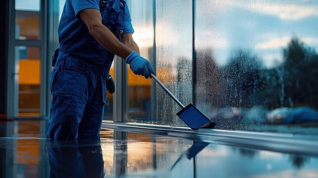 Focused window cleaner in blue uniform using a squeegee to remove water from large rain-speckled glass panels inside a modern building at dusk, reflective wet floor and calm mood