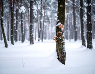A tall tree trunk in snowy forest with orange fungus clinging to it, surrounded by pine trees covered in snow