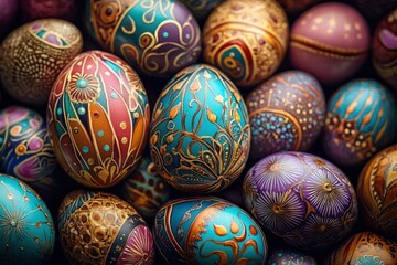 close-up of a pile of ornate hand-painted eggs with turquoise, purple and gold filigree, floral motifs and metallic accents conveying festive luxurious joy