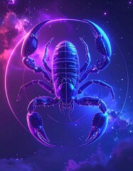 A stylized scorpion illustration with purple and blue hues, set against a cosmic backdrop filled with stars and nebulas
