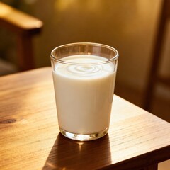 Glass filled with white beverage sits upon a wooden surface bathed in warm light
