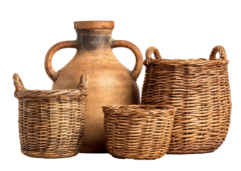 Trio of baskets and a large ceramic jar on black