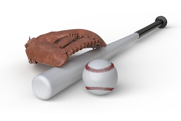 3D Baseball wooden bat and leather glove and ball with line of red lace stitches mockup, isolated. Perfect for sports promotions, athletic branding, team posters, training materials, baseball-themed