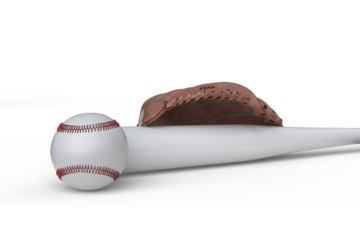 3D Baseball wooden bat and leather glove and ball with line of red lace stitches mockup, isolated. Perfect for sports promotions, athletic branding, team posters, training materials, baseball-themed