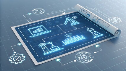 Blueprint displaying industrial automation with laptop, factory, and robotic arm icons in blue neon
