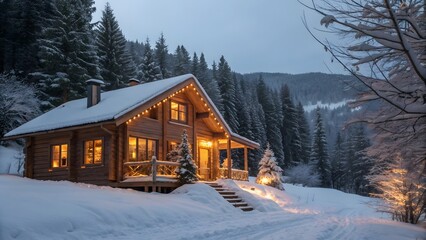 Illuminated wooden cabin nestled in a snow covered forest during the winter season at nighttime