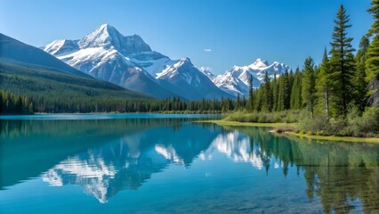 Naklejka premium A serene mountain lake reflecting snow capped peaks and lush evergreen forest under a clear blue sky