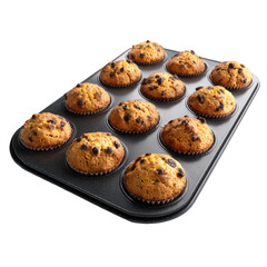 Teflon coated baking tray with cookies or muffins in high angle view on white background