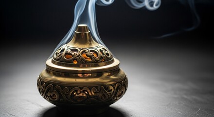 Ornate brass incense burner with aromatic smoke rising in a dark room.