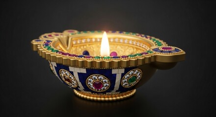 Ornate Diya Lamp with Flame on Dark Background.