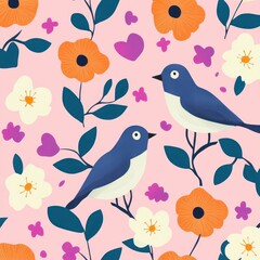 Two blue birds perched on leafy branches with orange and cream flowers, purple hearts and petals on a pink background, playful whimsical cheerful floral pattern