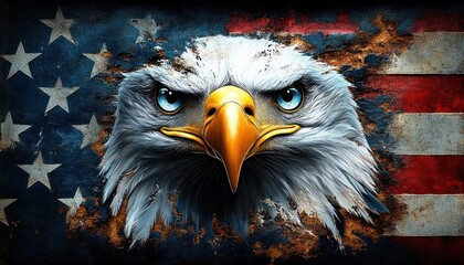 Close-up fierce bald eagle with piercing blue eyes and golden beak emerging from a distressed stars-and-stripes flag background, gritty defiant mood