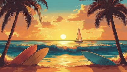 serene tropical sunset over the ocean with glowing sun, palm trees framing a sandy beach, surfboards resting in the sand, rolling waves and a distant sailboat
