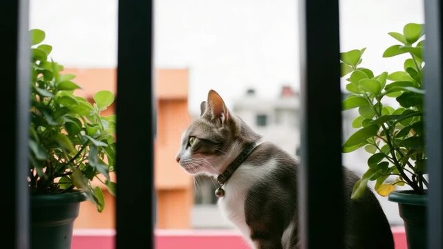 A domestic tabby cat sits on a balcony ledge next to a lush green potted plant. The curious feline looks intently at the outdoor view through the railing