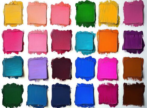 vibrant grid of thirty textured paint swatches arranged in neat rows and columns on a white background conveying playful creative energy