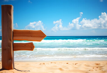 blank wooden signpost on pristine tropical beach