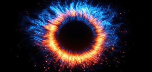 blue and orange flaming ring with glowing sparks around a dark central void on a black background, eye-like energy vortex radiating intense, mysterious power