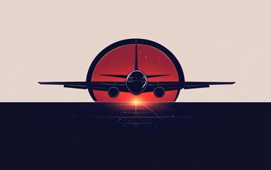front-facing passenger jet silhouette aligned with glowing red sun on the horizon above a reflective grid runway, dramatic nostalgic cinematic mood