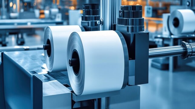 White paper rolls on a precision label converting machine in a clean blue-toned factory conveying efficiency and high-tech focus