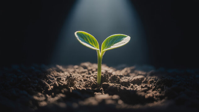 A small seedling emerging from the soil under a spotlight.