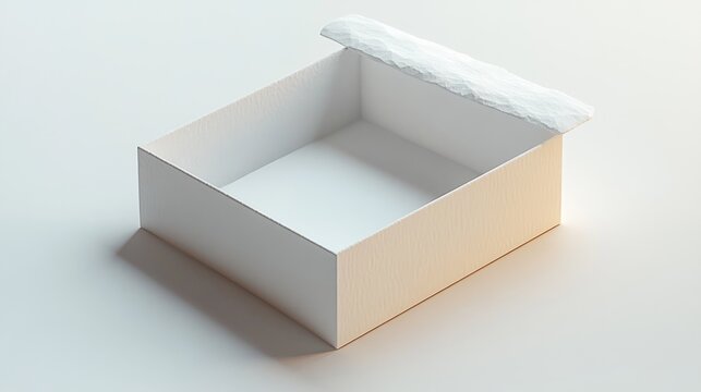 empty white rectangular cardboard box with torn flap in soft minimal studio lighting conveying calm anticipation