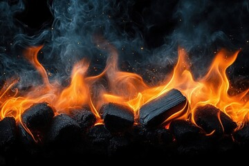intense orange flames and gray smoke rising above glowing charcoal briquettes with flying sparks, creating a dramatic fiery and powerful atmosphere
