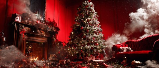 Warmth and wonder: holiday decor by the fireplace. Colorful surrealism. Ornaments and fairy lights: a christmas spectacle. Oddly captivating. Provocative poses.