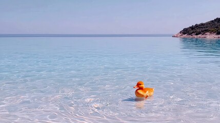 Obraz premium A single, bright orange duckling floats serenely in the shallow, transparent, turquoise waters of a calm ocean.