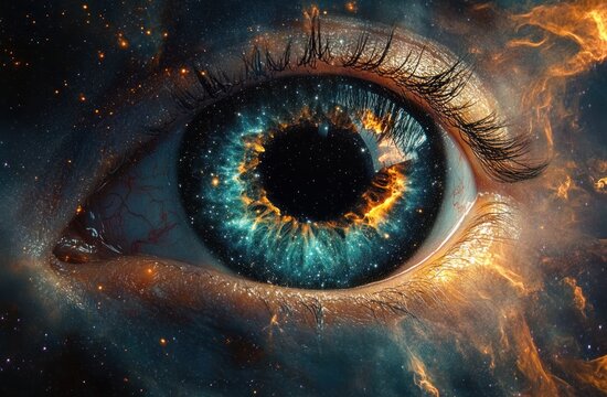 Close-up of a human eye with a galaxy-like iris of blue and fiery orange nebula, star-filled skin and long eyelashes, evoking cosmic wonder and mysterious awe