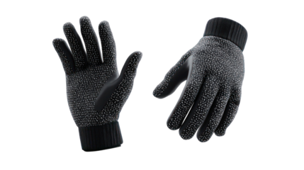 Pair of black textured gloves with reflective dots isolated on transparent background