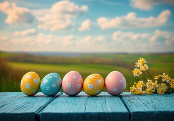 five pastel painted eggs with white floral patterns on a weathered blue wooden table beside yellow wildflowers overlooking a sunny rolling countryside, cheerful spring scene