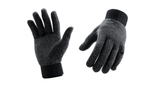 Pair of black textured gloves with reflective dots isolated on transparent background