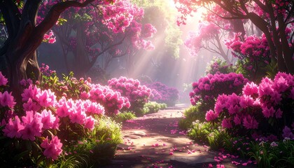 A sun-dappled path winds through a garden abundant with vibrant pink blossoms under a canopy of trees