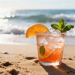 Obraz premium Refreshing citrus beverage garnished with fruit and herbs rests upon sunlit beach sand near ocean waves
