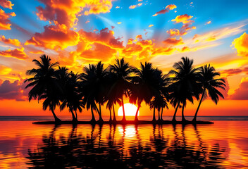 dramatic tropical sunset over ocean with silhouetted palm trees