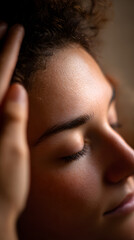Obraz premium Serene Embrace: A close-up shot of a person with closed eyes, feeling peace and calmness. The gentle touch conveys a sense of comfort and tranquility. 