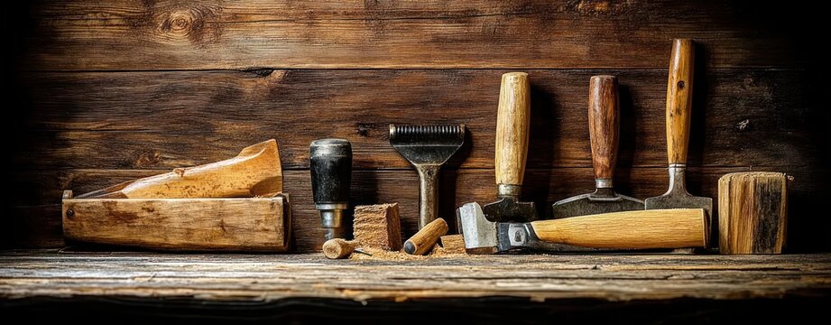 vintage woodworking tools on rustic workbench with hand plane, chisels, hammer, mallet, rasp, dowels and wood shavings conveying warm nostalgic craftsmanship