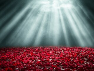 Mystical Valentine, A Sea of Red Hearts Bathed in Celestial Light for Lovers