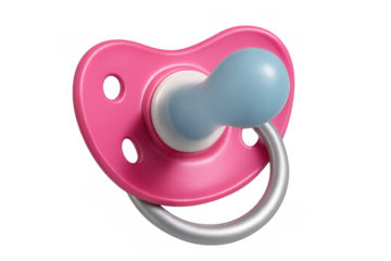 Pink baby pacifier, featuring a blue teat and a white core, providing comfort and soothing for infants