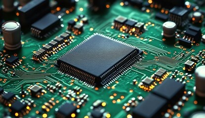 Close-up of a microchip on a green circuit board with glowing orange solder points, intricate traces and electronic components conveying high-tech precision and energy