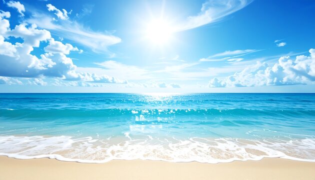 A sun-drenched, sandy beach meets turquoise sea under a bright, cloud-spotted blue sky, reflecting sunlight