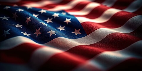 close-up of a waving american flag showing stars and stripes on textured fabric with dramatic lighting, evoking patriotic pride and solemn reverence