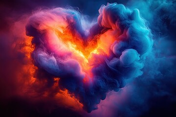 Ethereal heart-shaped cloud of swirling orange, pink and blue smoke with a glowing fiery core radiating warmth and passionate calm